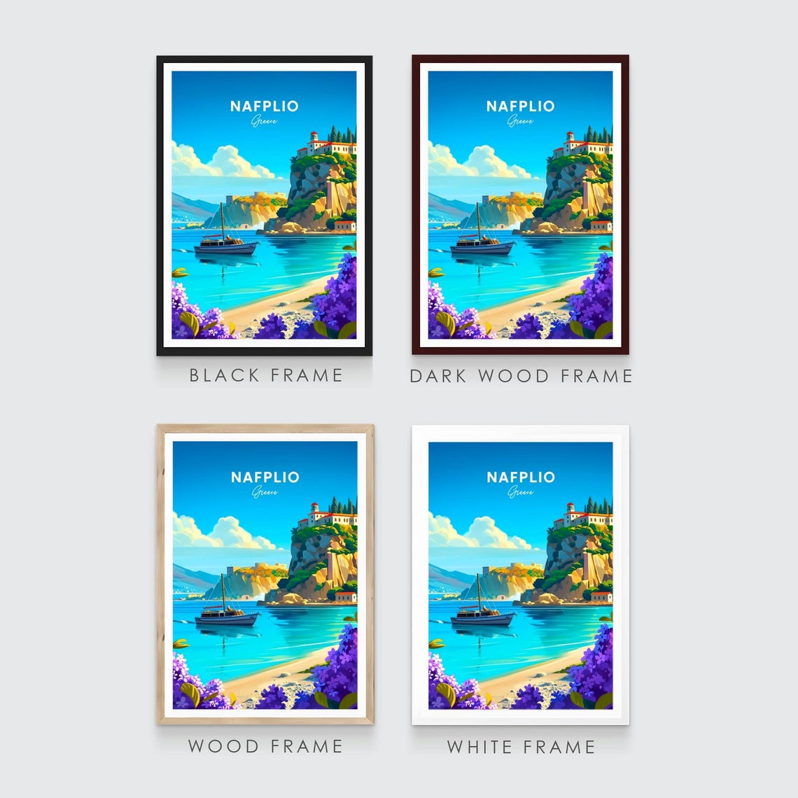 Nafplio Greece Cliff Castle Sailboat Purple Blossom Travel Poster - Image 3