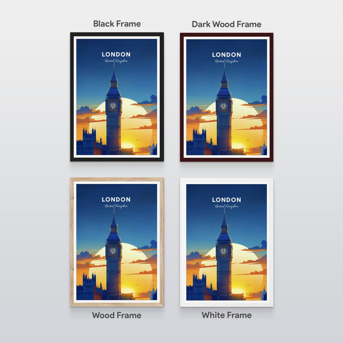 London England Big Ben Sunset Silhouette Thames Travel Poster - Image 2