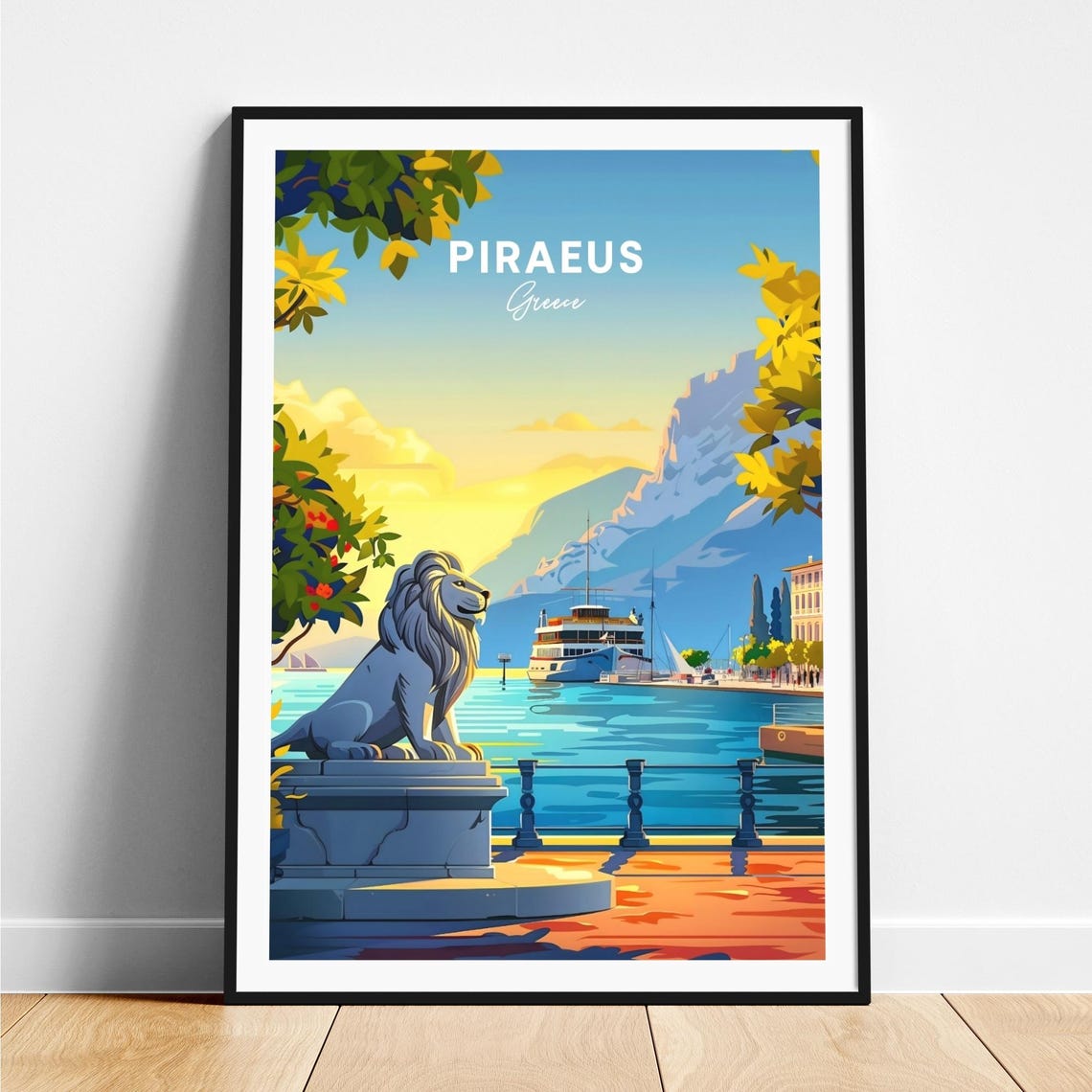 Piraeus Greece Stone Lion Statue Waterfront Ferry Sunset Travel Poster