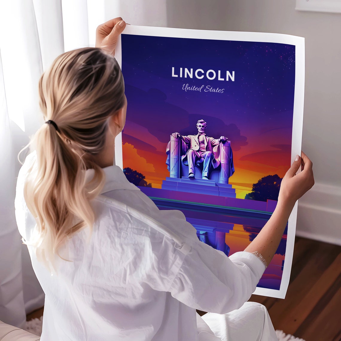 Lincoln United States Lincoln Statue Starlit Night Reflection Poster - Image 3