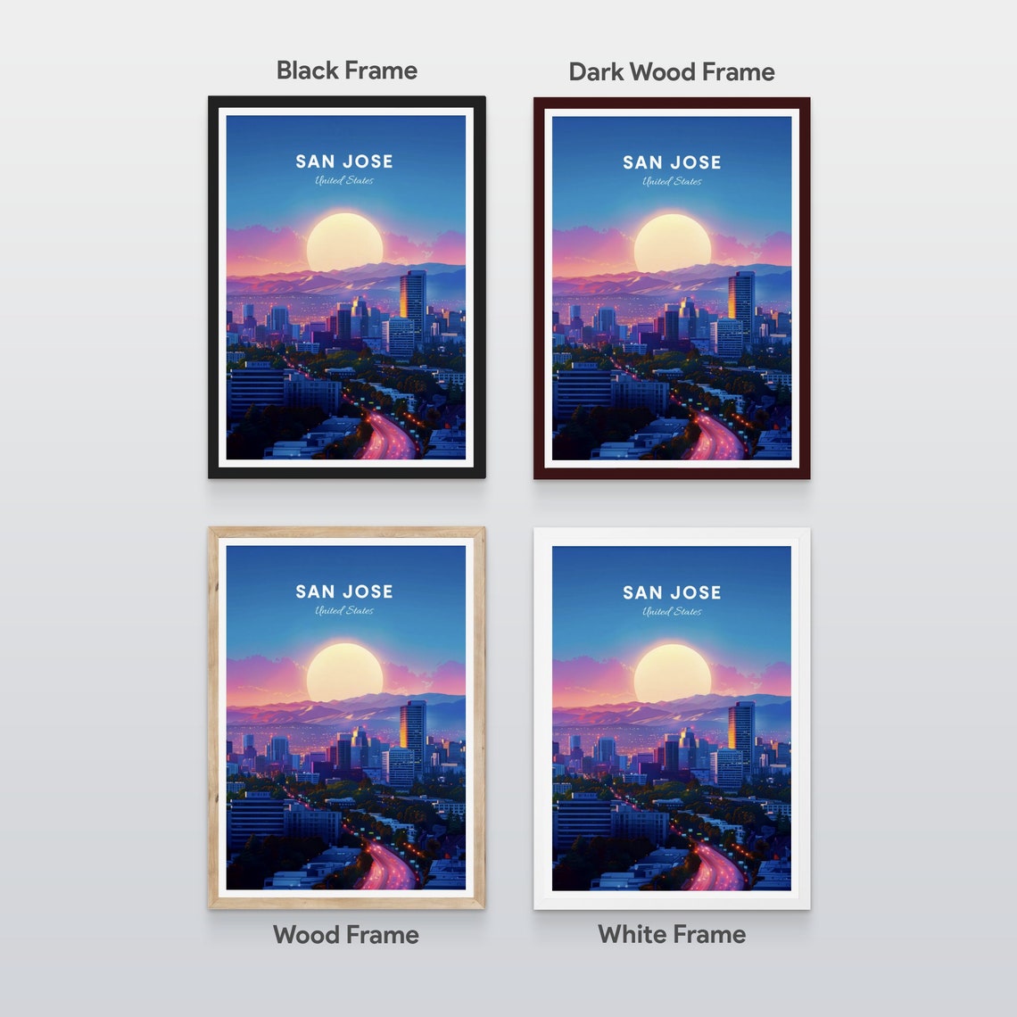 San Jose Sunset Skyline Mountains Glowing Golden Travel Poster - Image 2