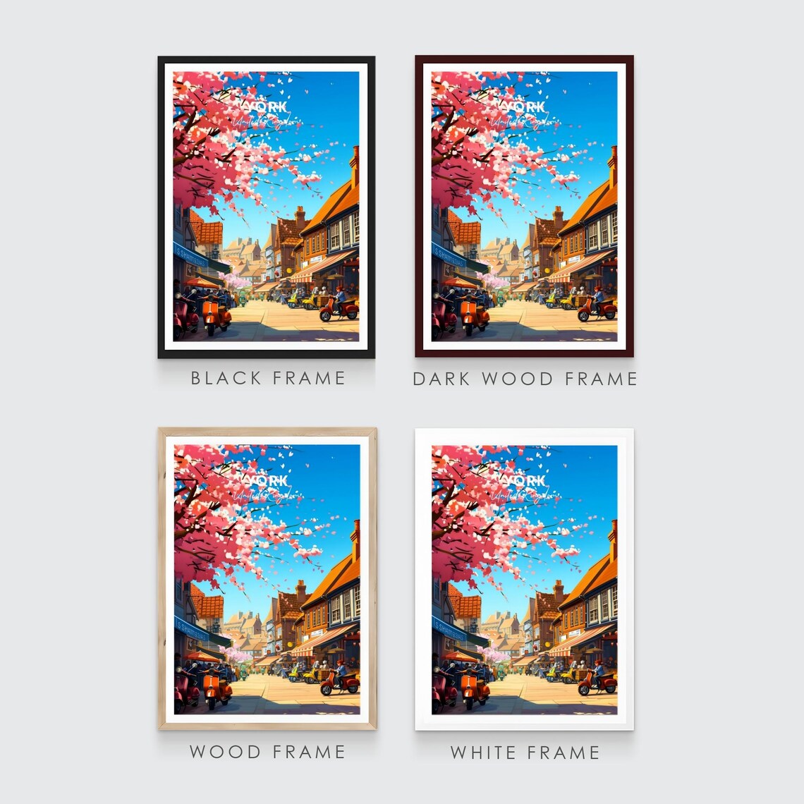 York Cherry Blossom Street Scooters Bustling Shops Travel Poster - Image 3