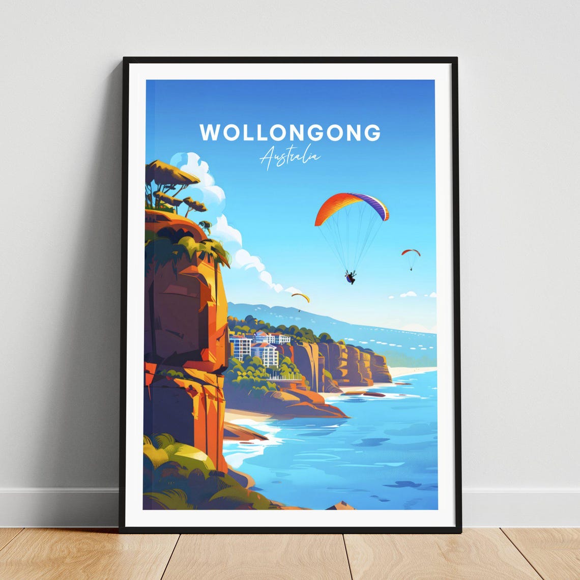 Wollongong Australia Paragliders Coastal Cliffs Beach View Poster