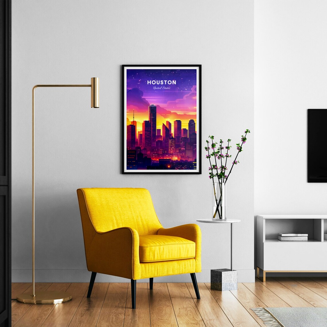 Houston Downtown Skyline at Night in Purple and Orange Poster - Image 3
