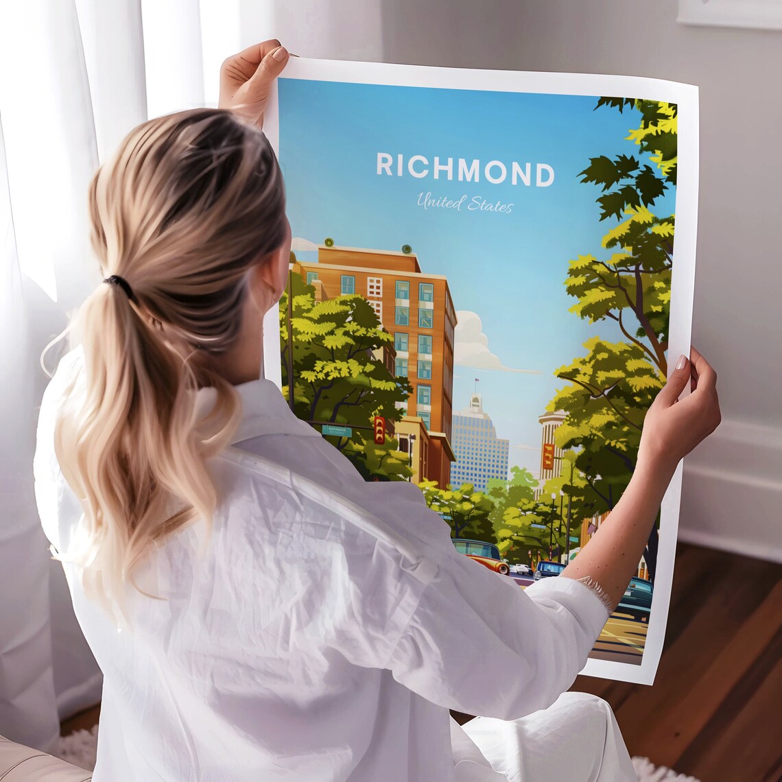 Richmond Vintage Street Scene with Classic Cars Travel Poster - Image 3