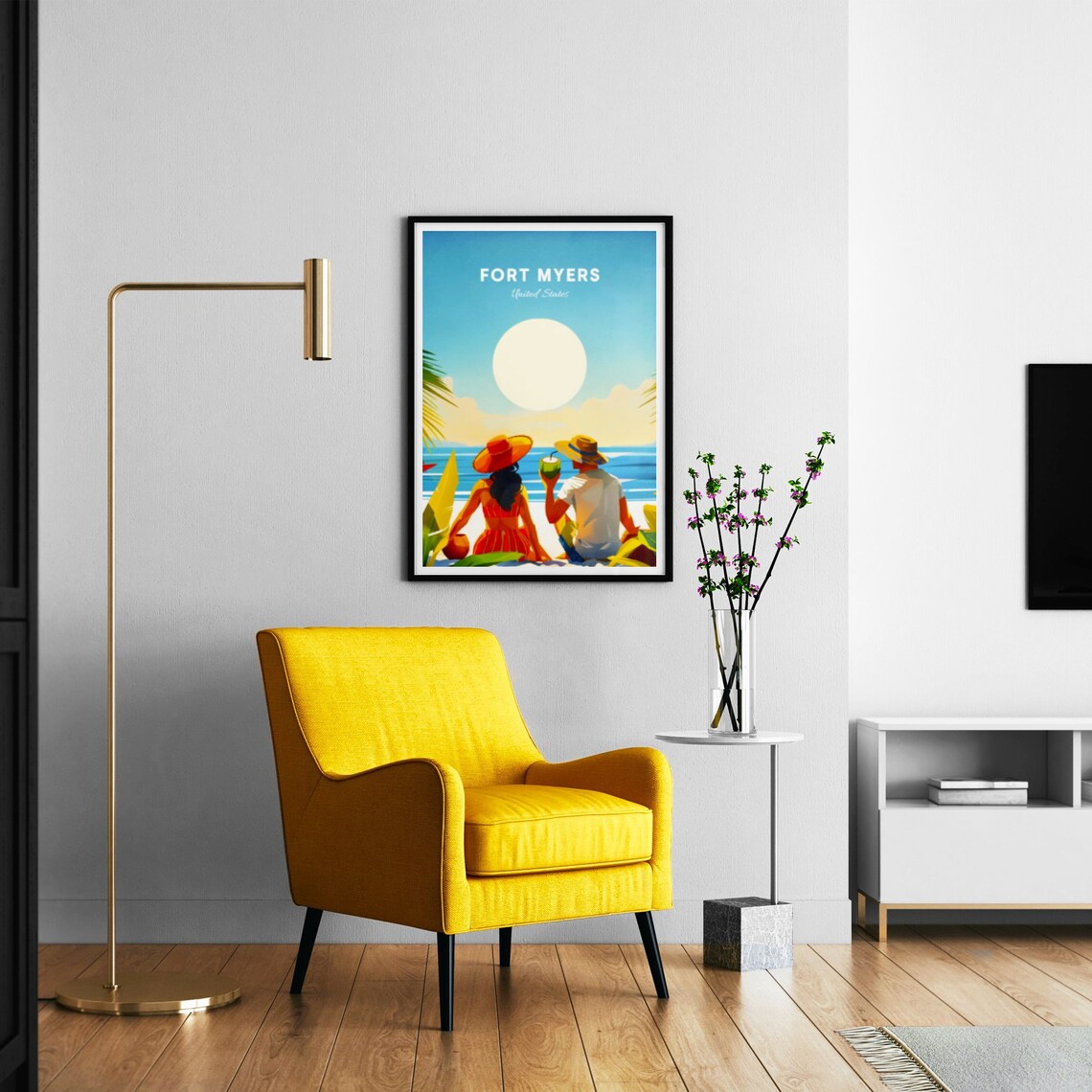 Fort Myers Florida Beach Couple Coconut Drink Travel Art Poster - Image 3