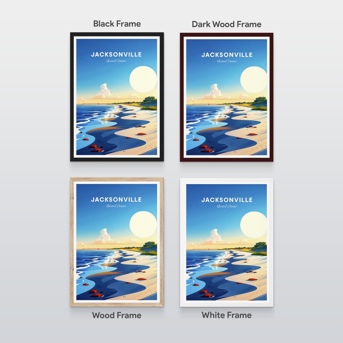Jacksonville Florida Sunrise Beach with Ocean Pier Travel Poster - Image 2
