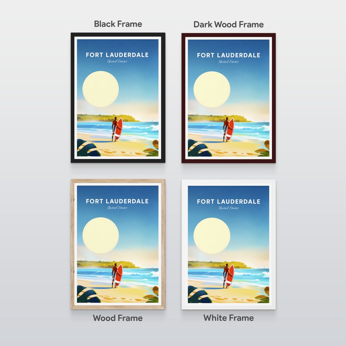 Fort Lauderdale Florida Surfer Red Surfboard Ocean Waves Travel Poster - Image 2