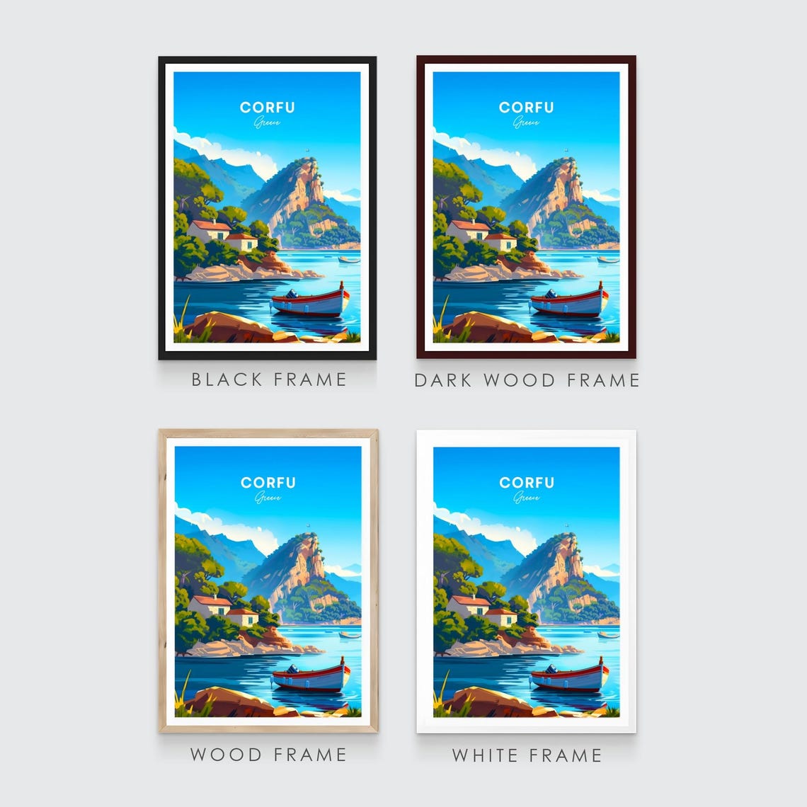 Corfu Greece Rocky Coastal Cove with Boats and Cliff Peak Poster - Image 3