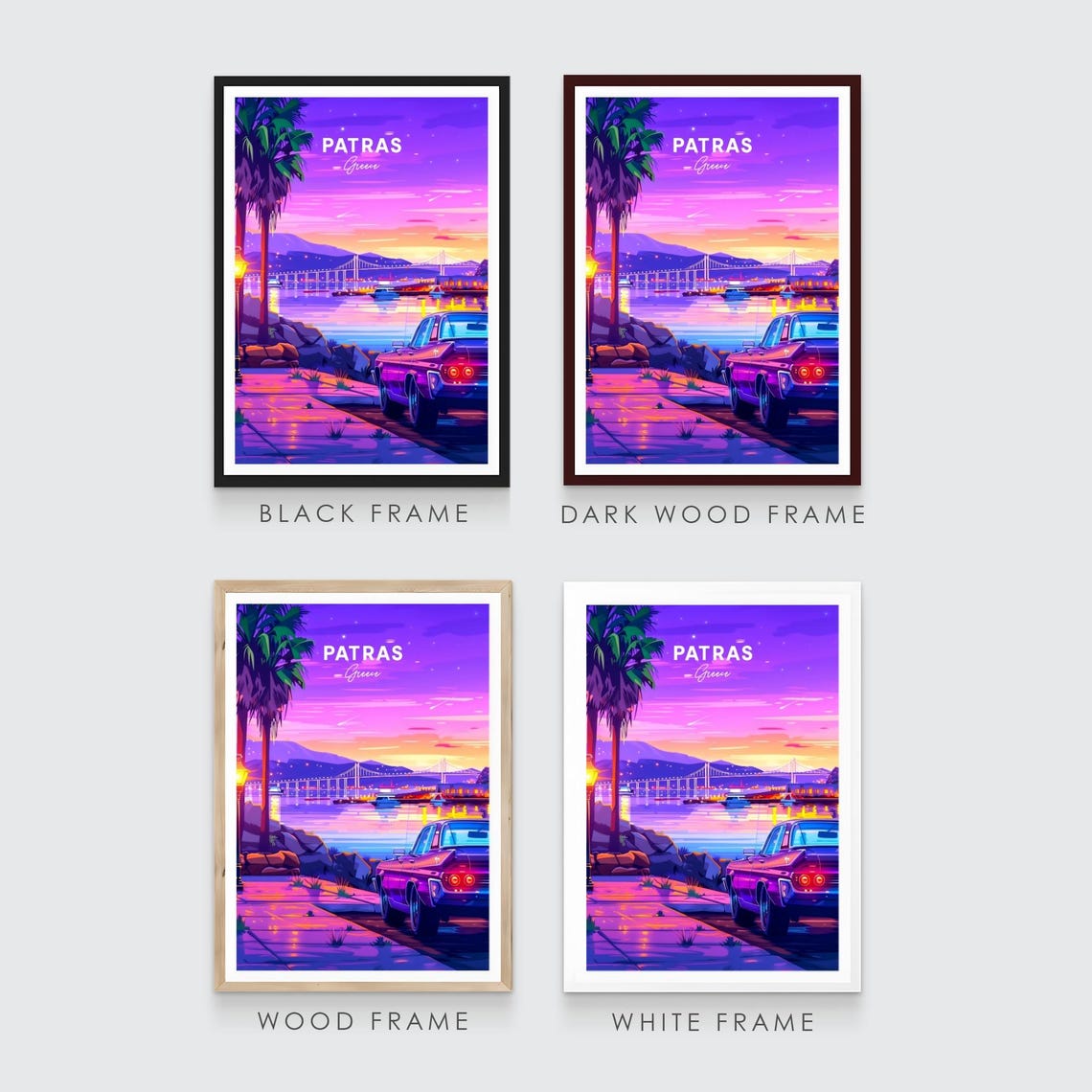 Patras Greece Sunset Bridge Classic Car Purple Sky Travel Poster - Image 3