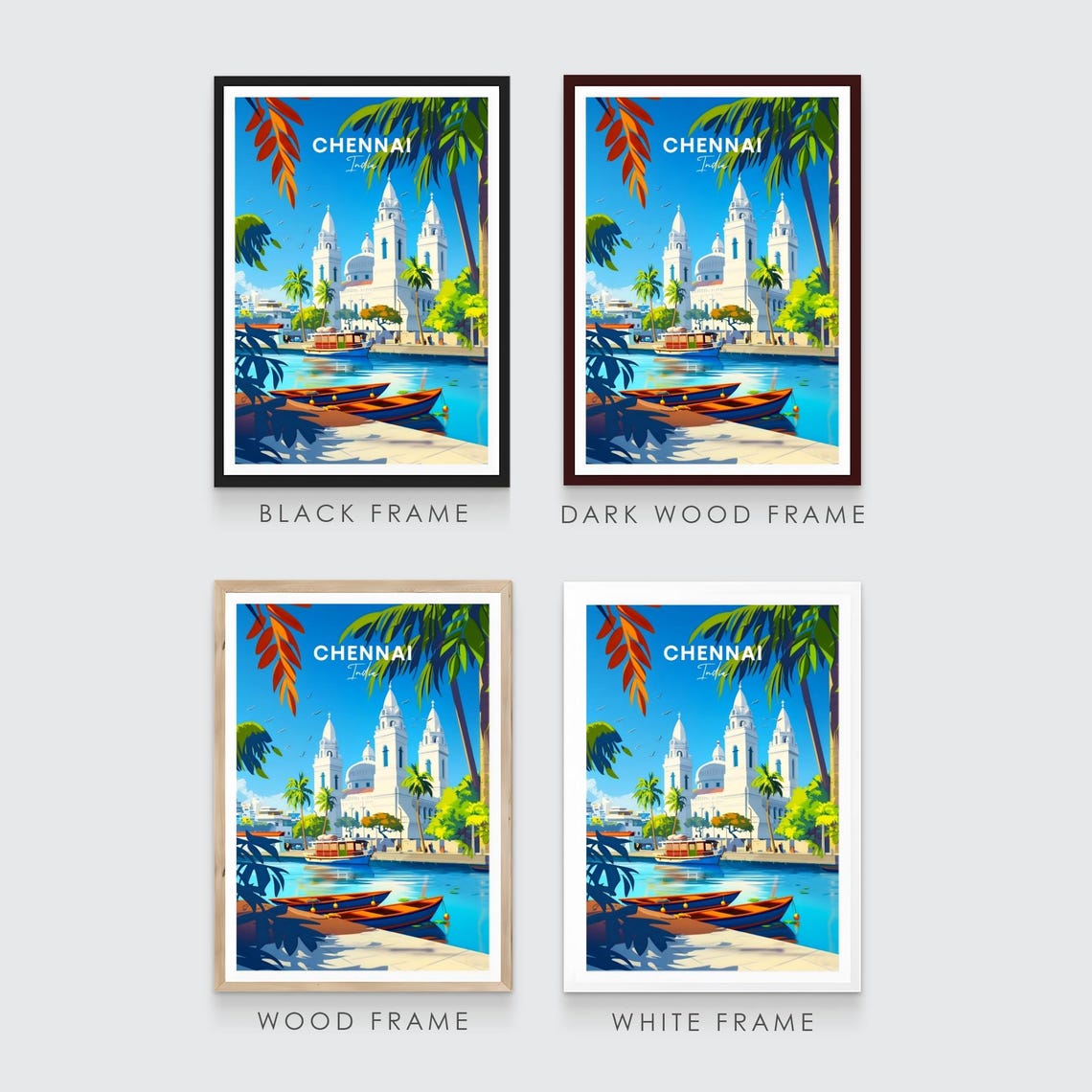 Chennai India White Seaside Church Harbor Boats Scene Travel Poster - Image 3