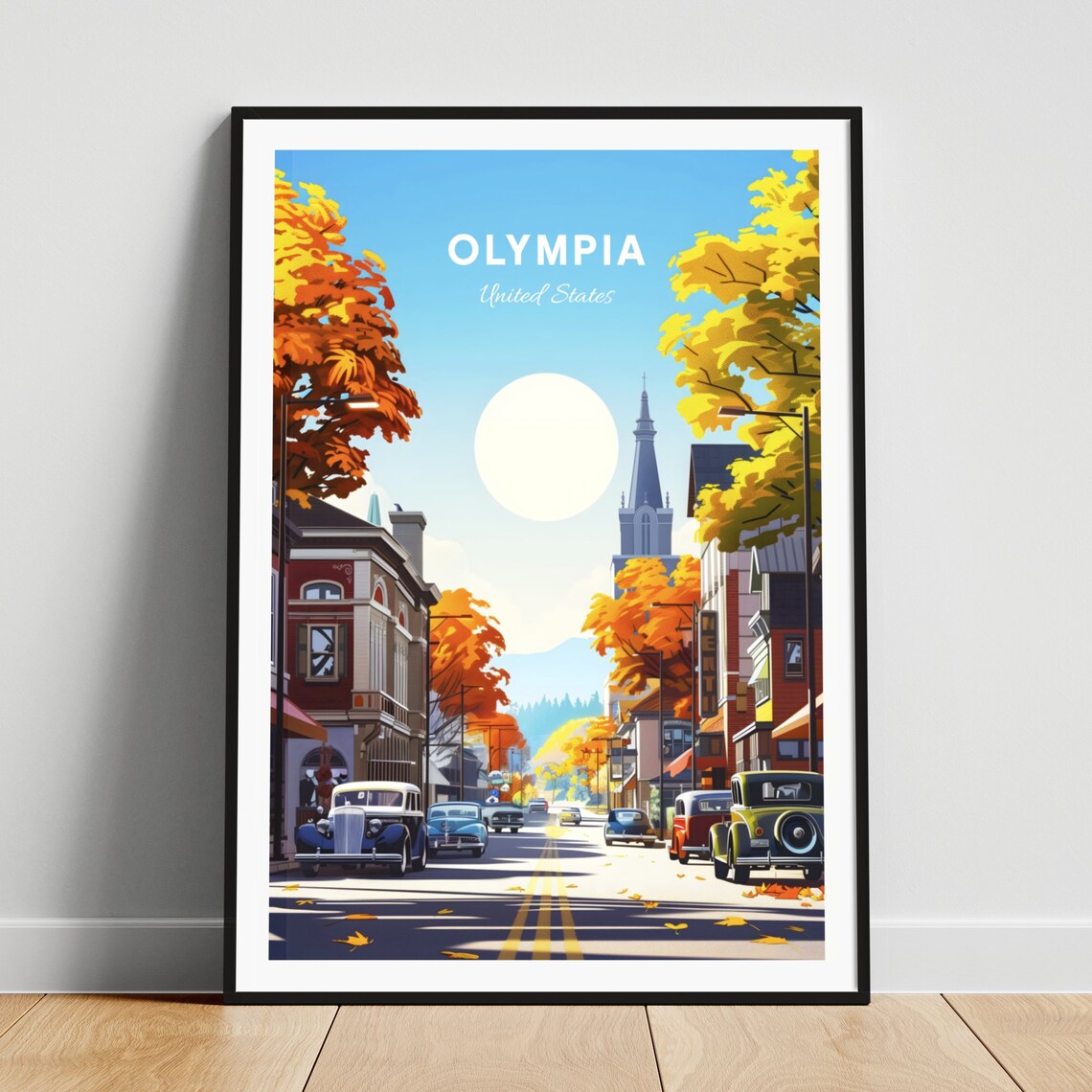 Olympia Washington Autumn Main Street Vintage Cars Travel Poster