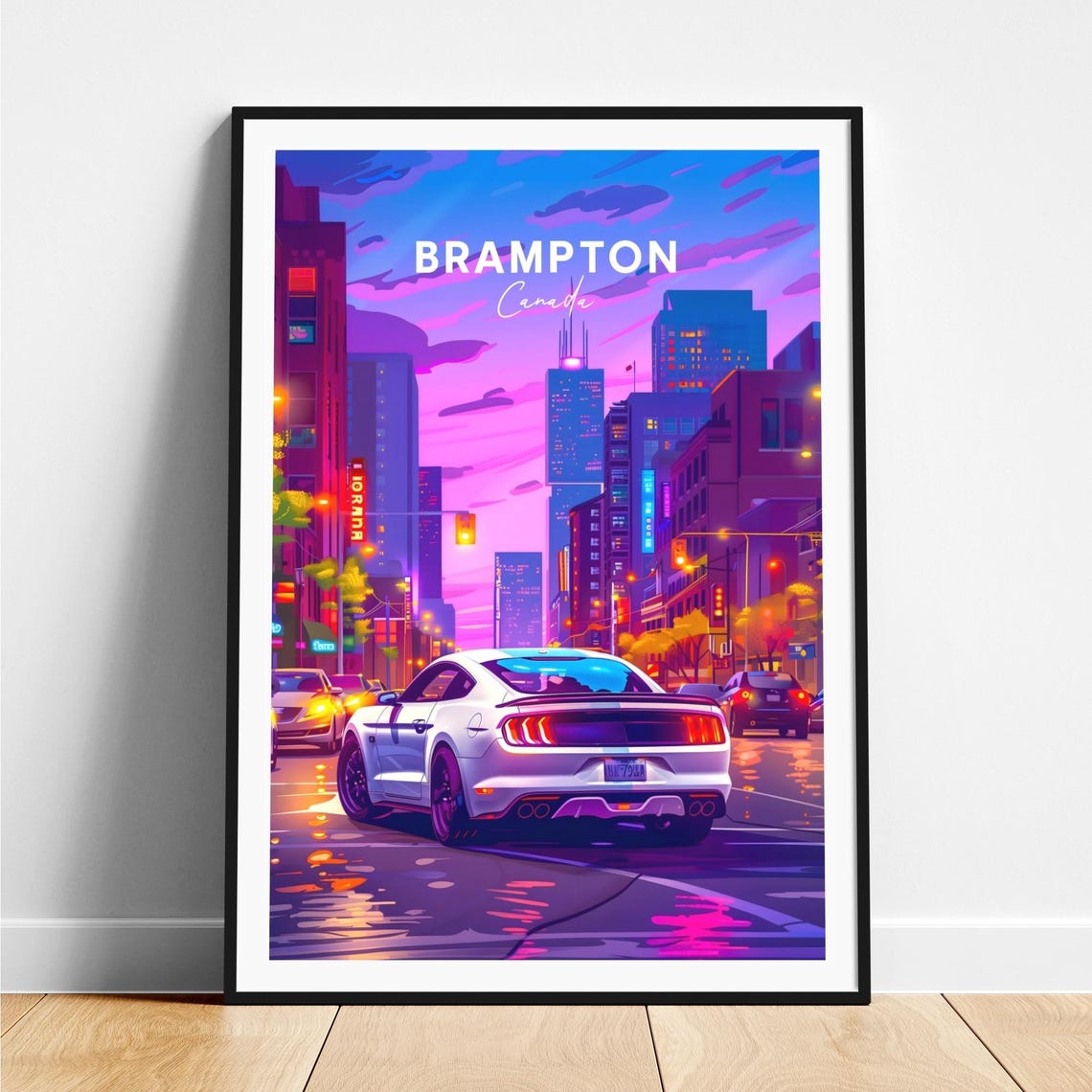 Brampton Canada White Mustang Night Street Neon Glow Scene Poster