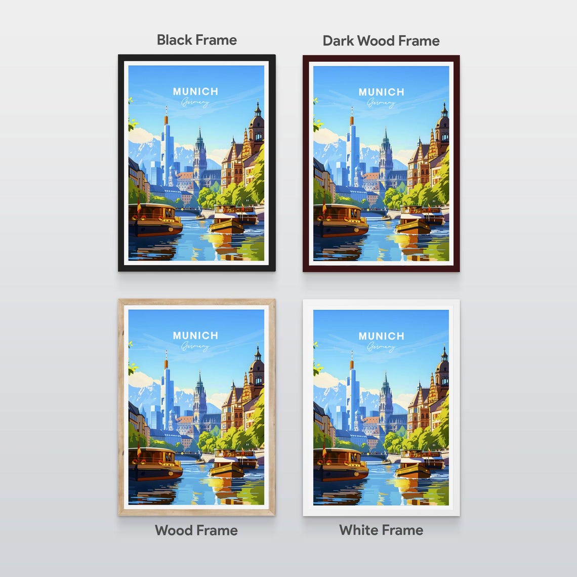 Munich Germany Bright Summer River Boats Historic Skyline Poster - Image 2