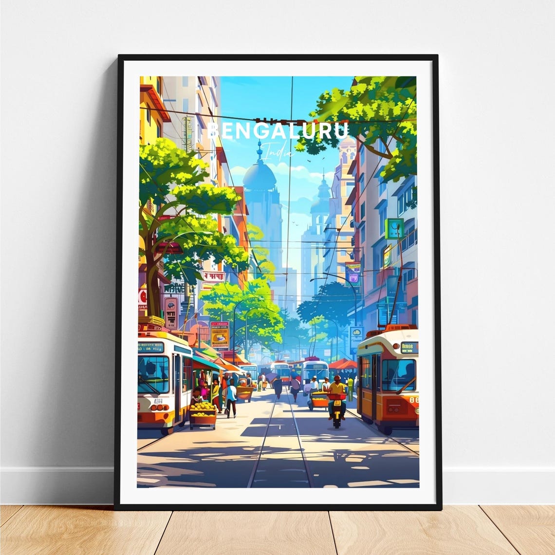 Bengaluru India Bustling Day Street Trams Market Travel Poster