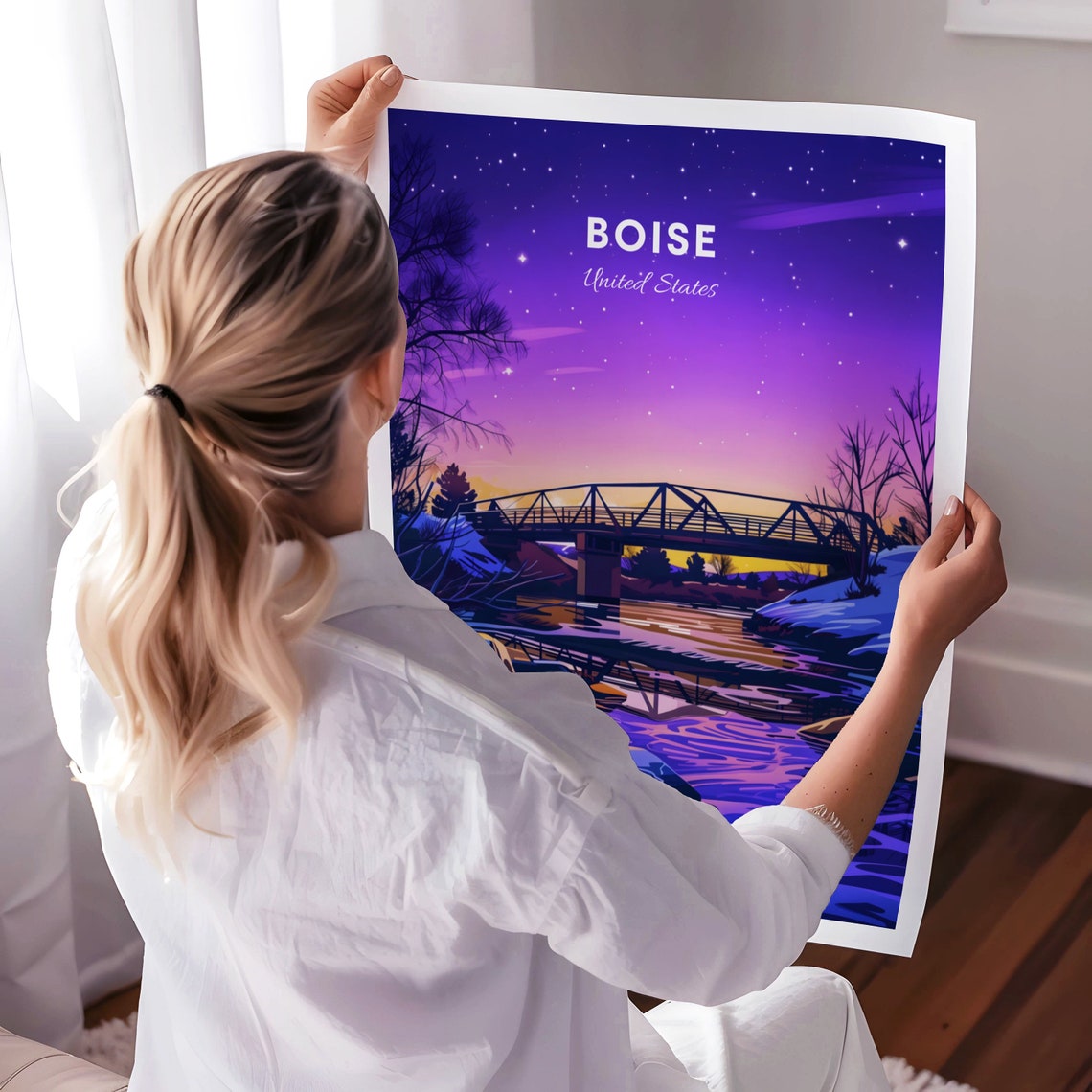 Boise Idaho Starry Night River Truss Bridge View Travel Poster - Image 3