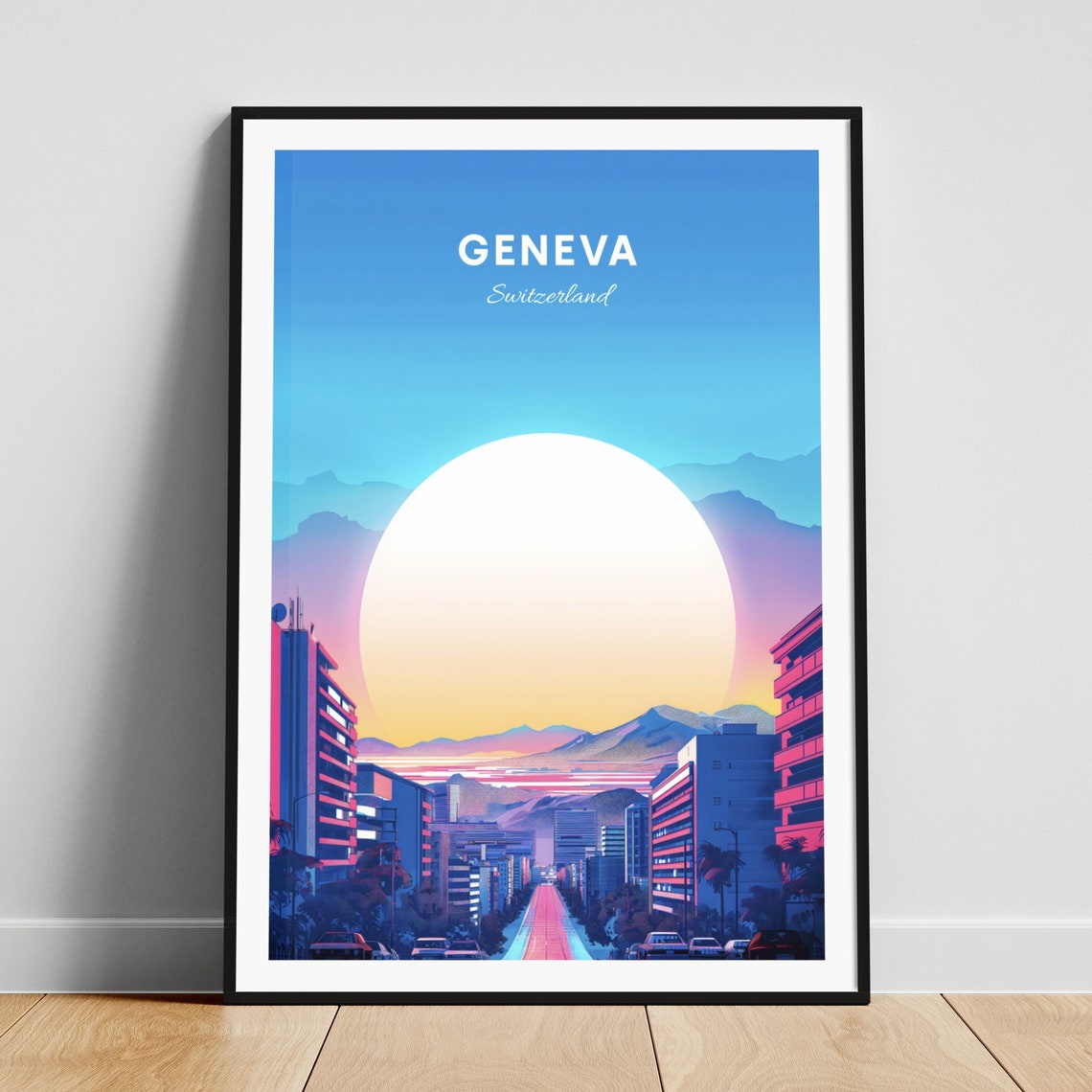 Geneva Switzerland Modern Skyline Sunset Boulevard City Poster
