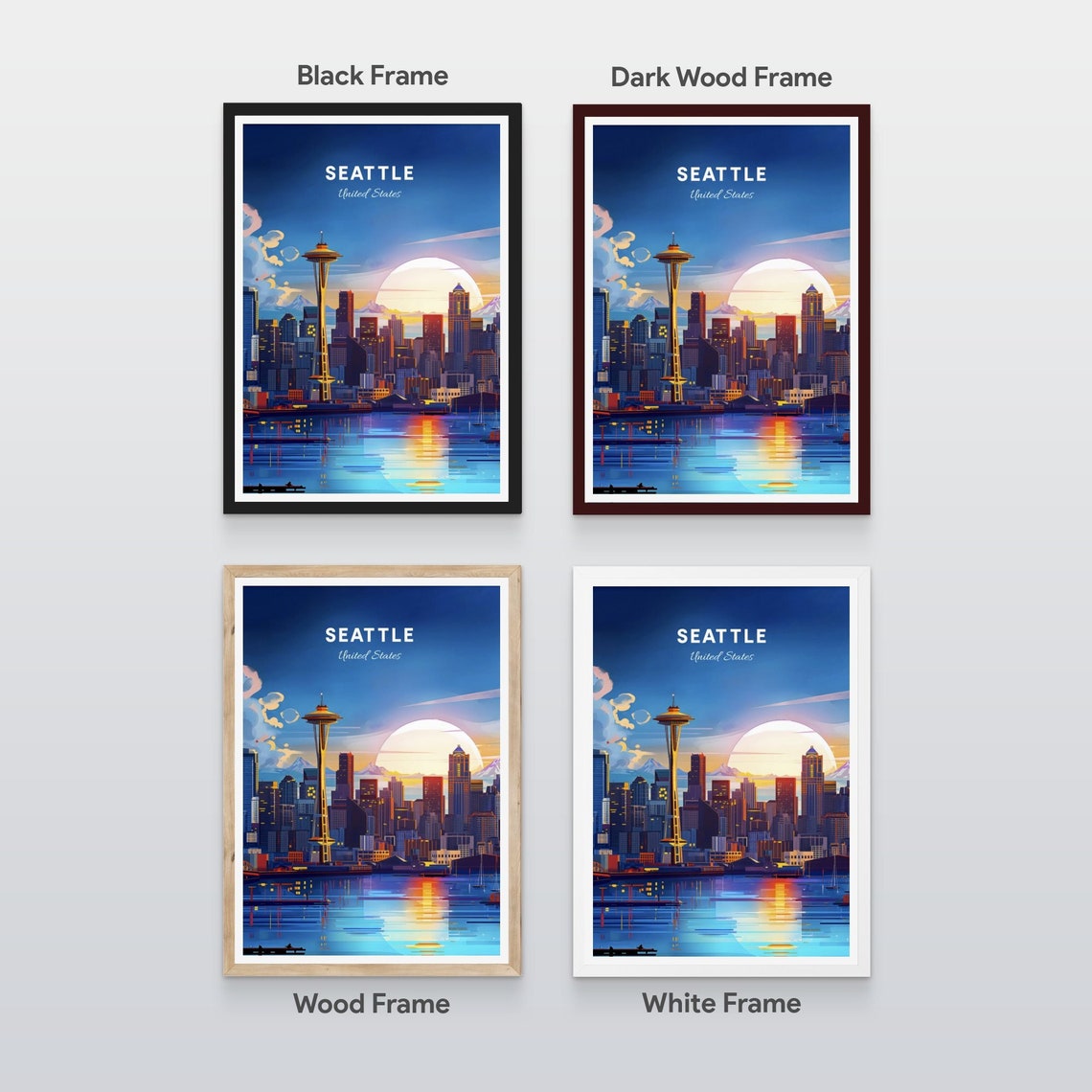 Seattle Washington Space Needle Skyline Sunset Cityscape Travel Poster - Image 2
