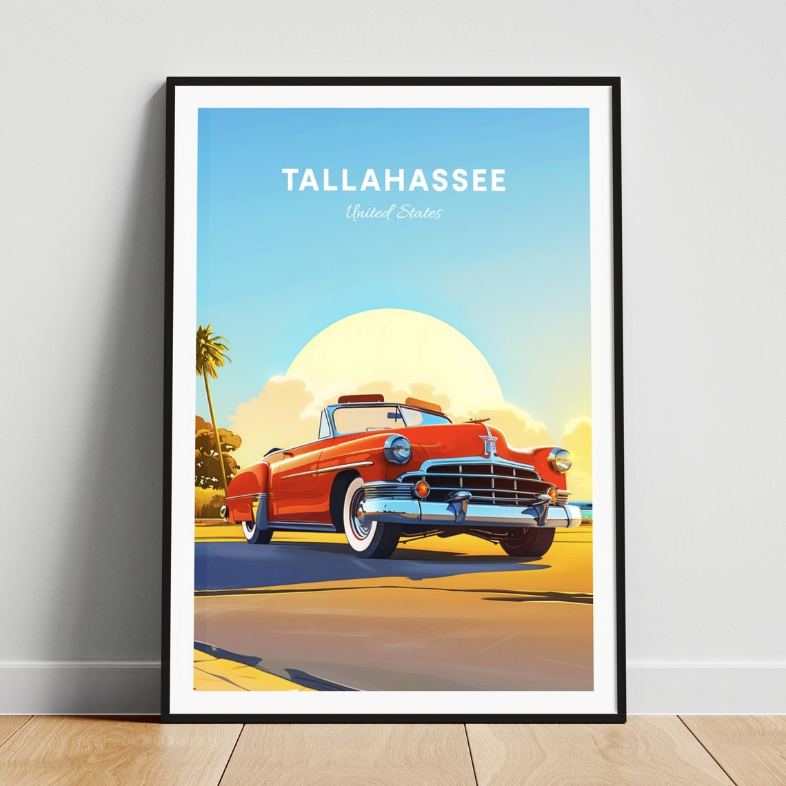 Tallahassee Florida Red Classic Convertible Sunset Travel Poster