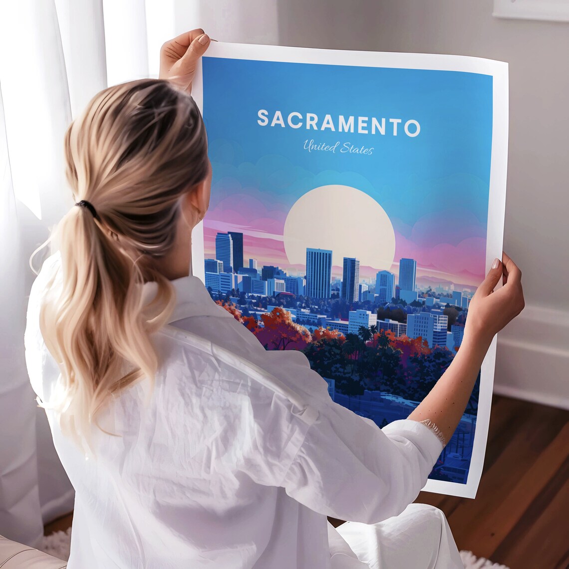 Sacramento City Skyline Daytime Big Sun Blue Pink Sky Poster - Image 3
