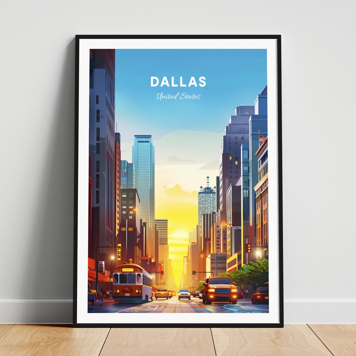 Dallas Downtown Street at Sunset with the Streetcar and Towers Poster