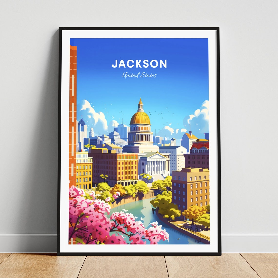 Jackson Golden Dome Capitol Building and Spring Blossoms Travel Poster