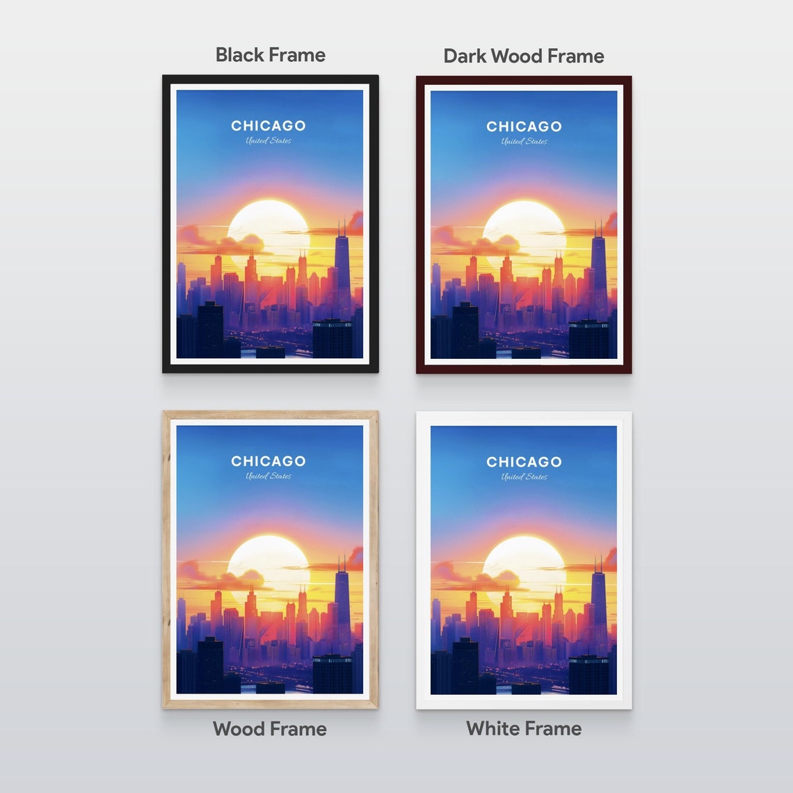 Chicago Illinois Sunset Skyline Silhouette Willis Tower Travel Poster - Image 2