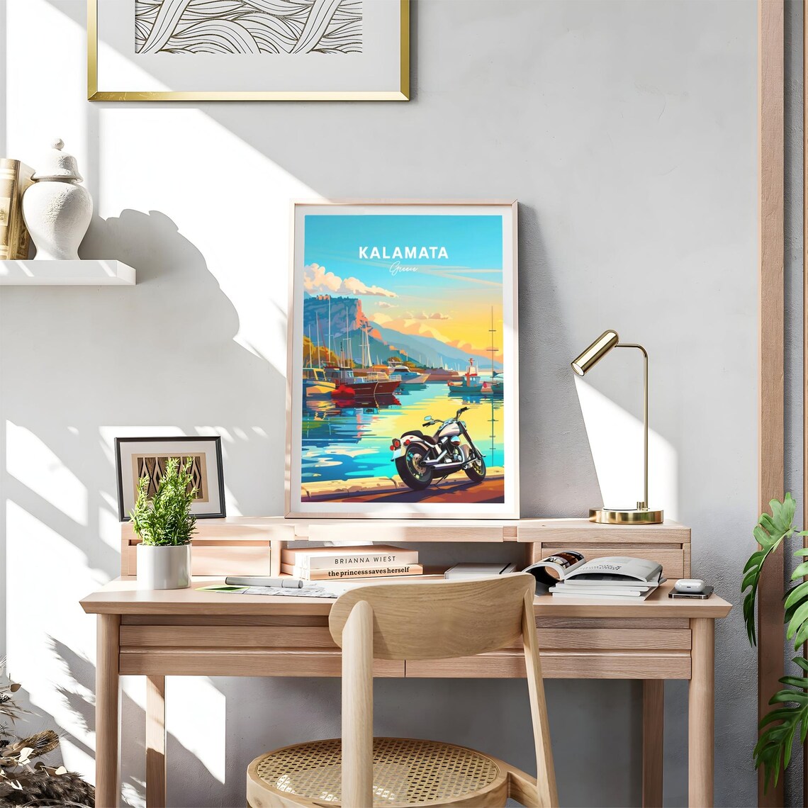 Kalamata Greece Harbor Boats Motorcycle Sunset Travel Art Poster - Image 4