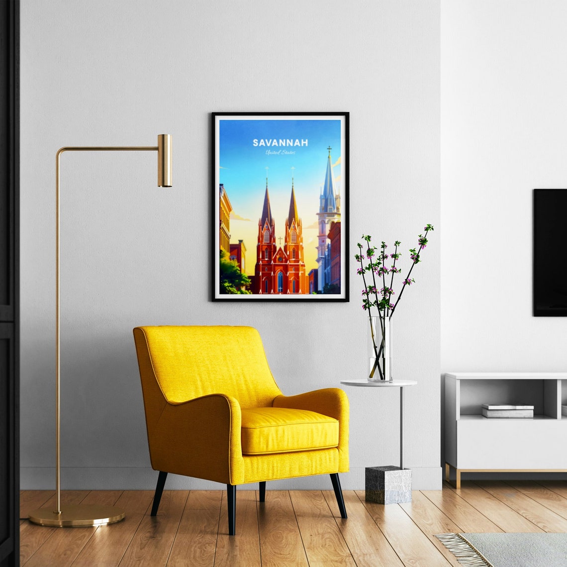 Savannah Twin Spire Cathedral Sunny Street Vintage Travel Poster - Image 3