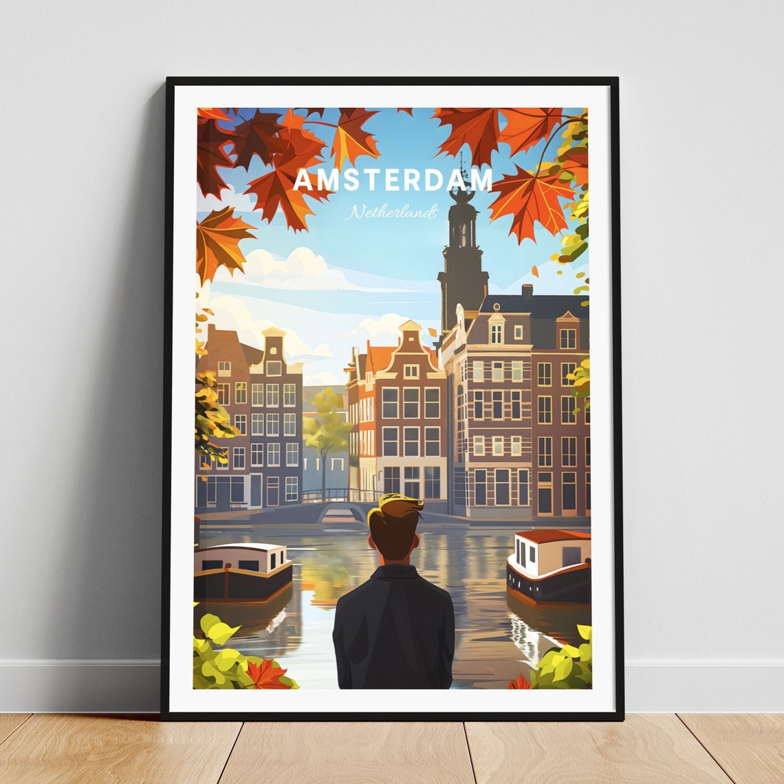 Amsterdam Netherlands Canal Boats Autumn Leaves View Art Poster