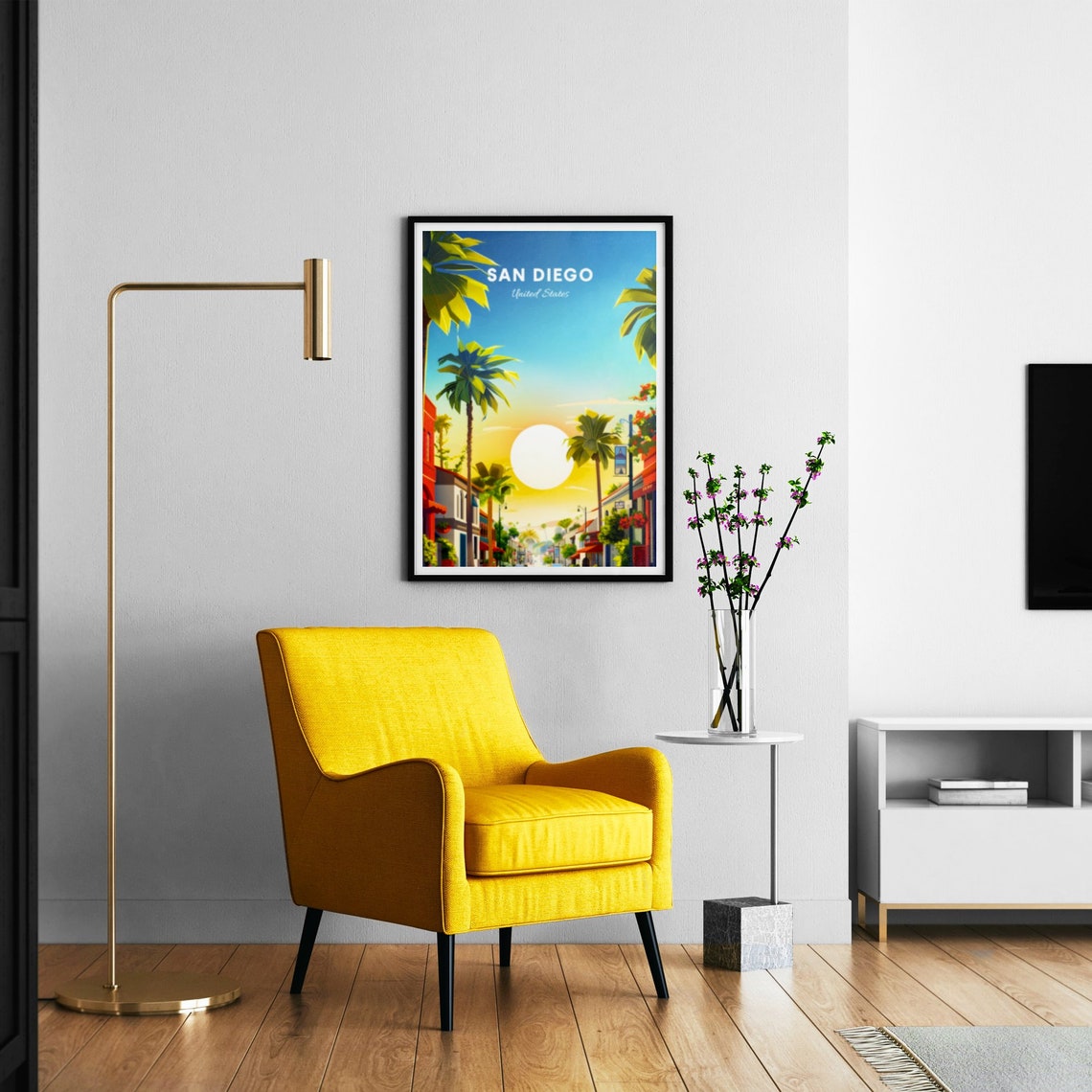 San Diego California Palm Lined Street Sunrise Travel Poster - Image 3