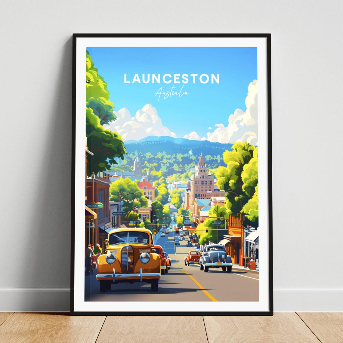 Launceston Australia Vintage Street Classic Cars City Scene Poster