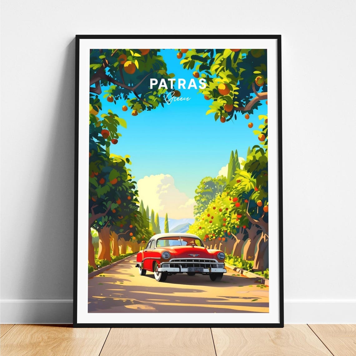 Patras Greece Red Vintage Car Driving Through Citrus Grove Road Poster