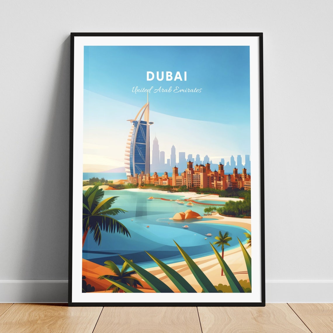 Dubai United Arab Emirates Burj Al Arab Bay Beach Boats Travel Poster