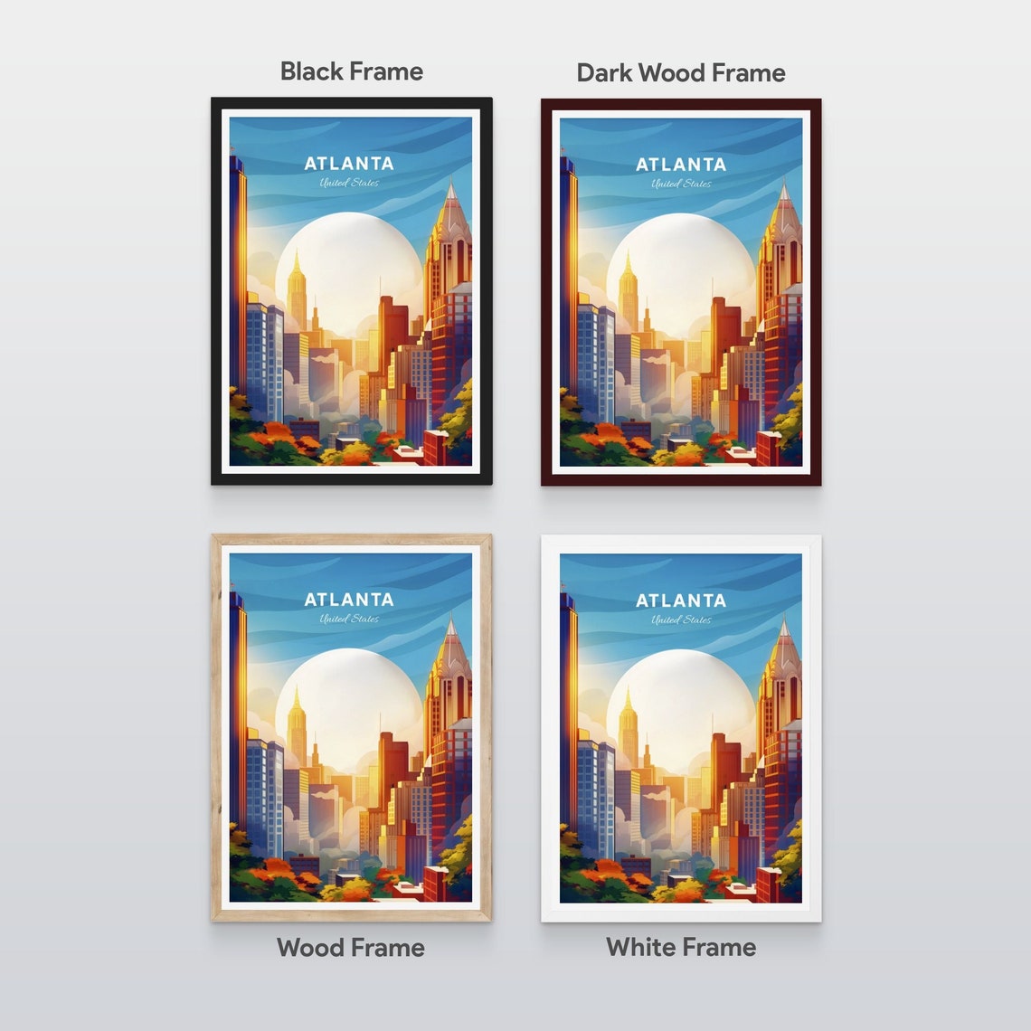 Atlanta Georgia Golden Sunset Skyscrapers City View Retro Poster - Image 2