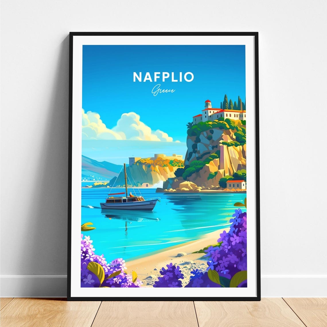 Nafplio Greece Cliff Castle Sailboat Purple Blossom Travel Poster