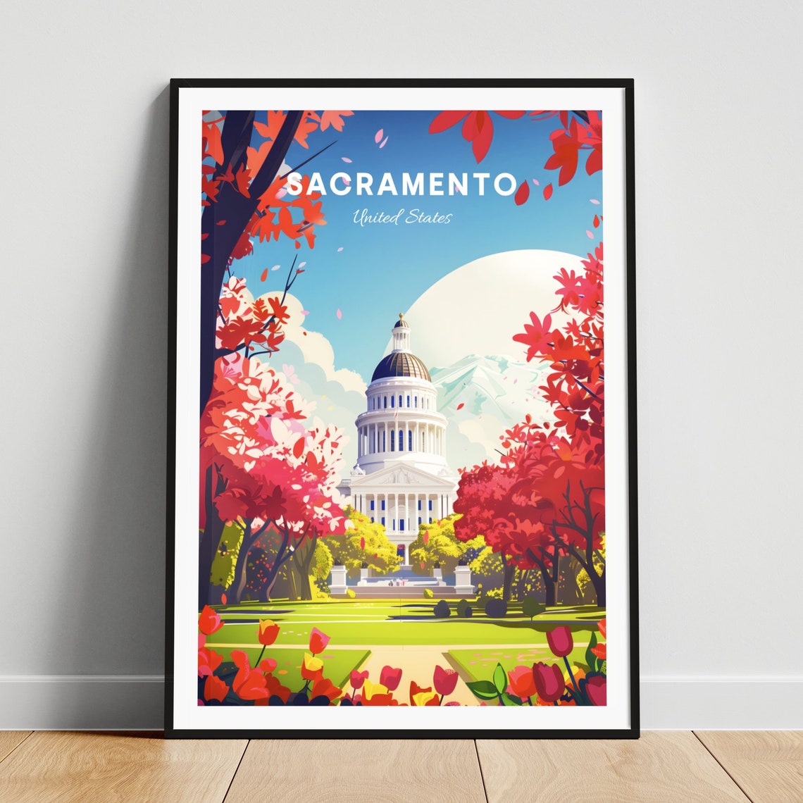 Sacramento State Capitol in Autumn Red Blossom Trees View Poster