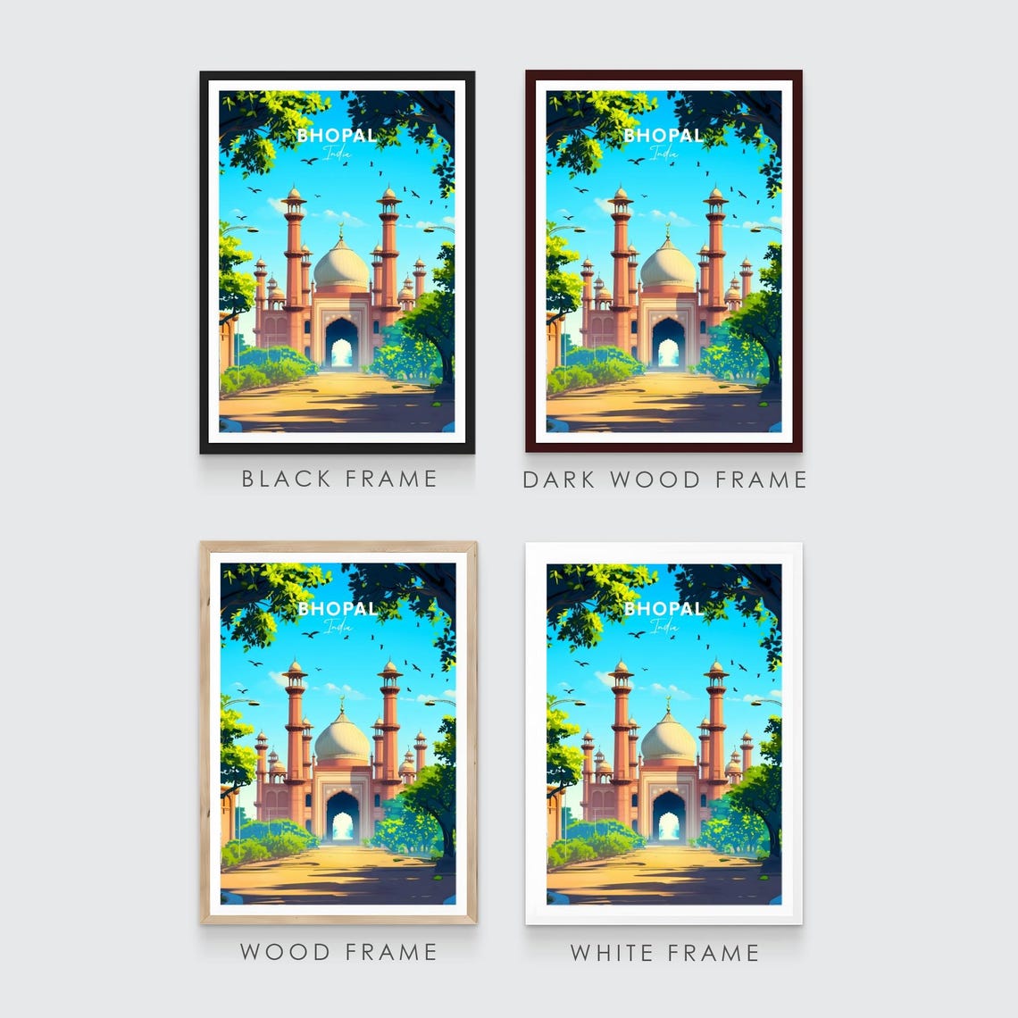 Bhopal Grand Mosque White Dome Tall Minarets India Travel Poster - Image 3