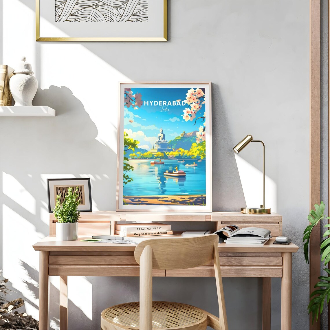 Hyderabad India Buddha Statue on Lake with Boats Travel Poster - Image 4