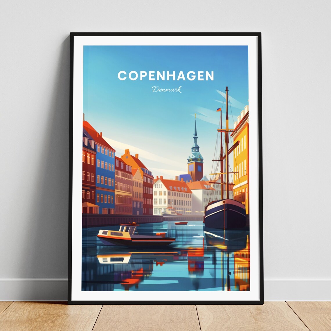 Copenhagen Denmark Nyhavn Harbor Boats Vintage Travel Poster