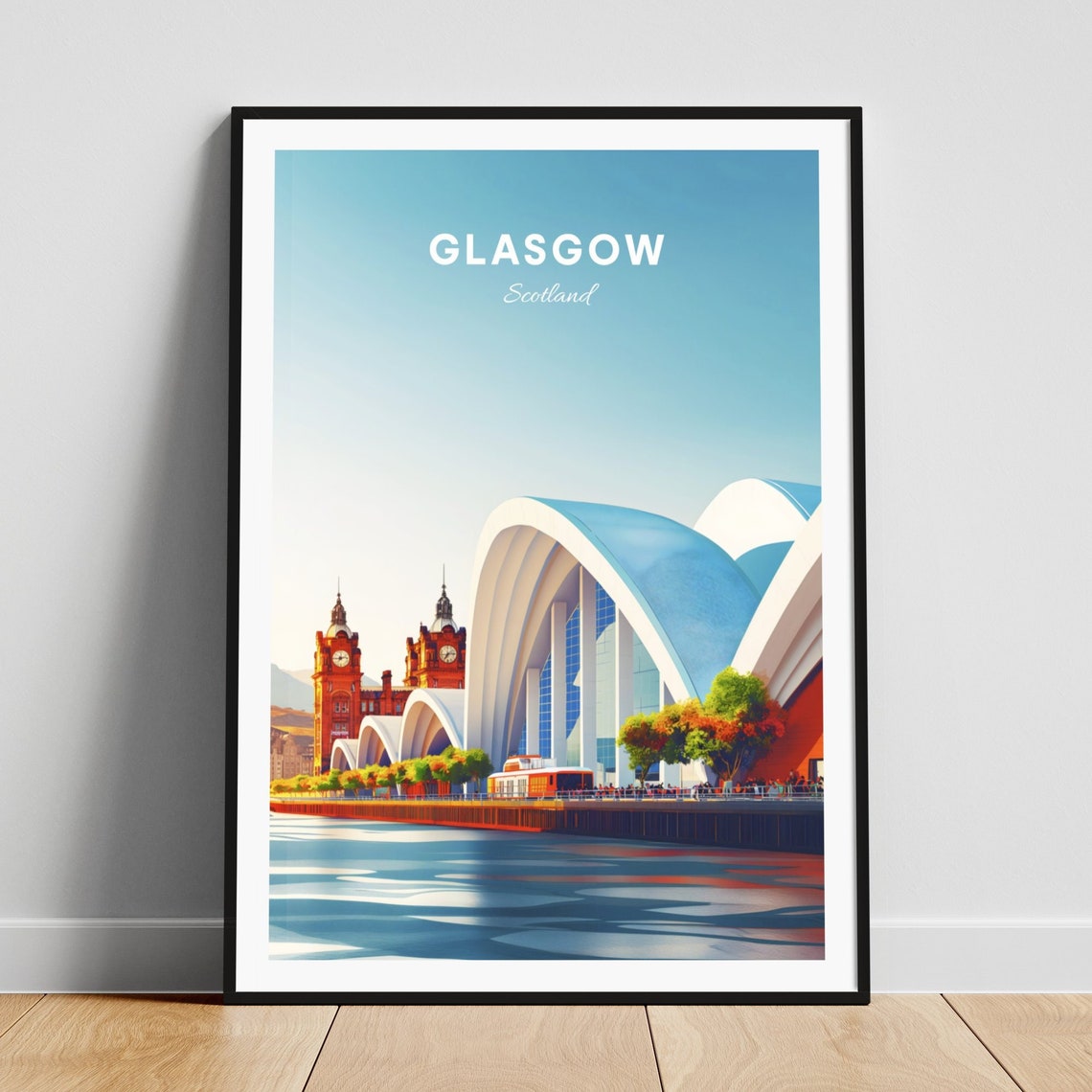 Glasgow Scotland Waterfront Arches Clock Towers Travel Poster