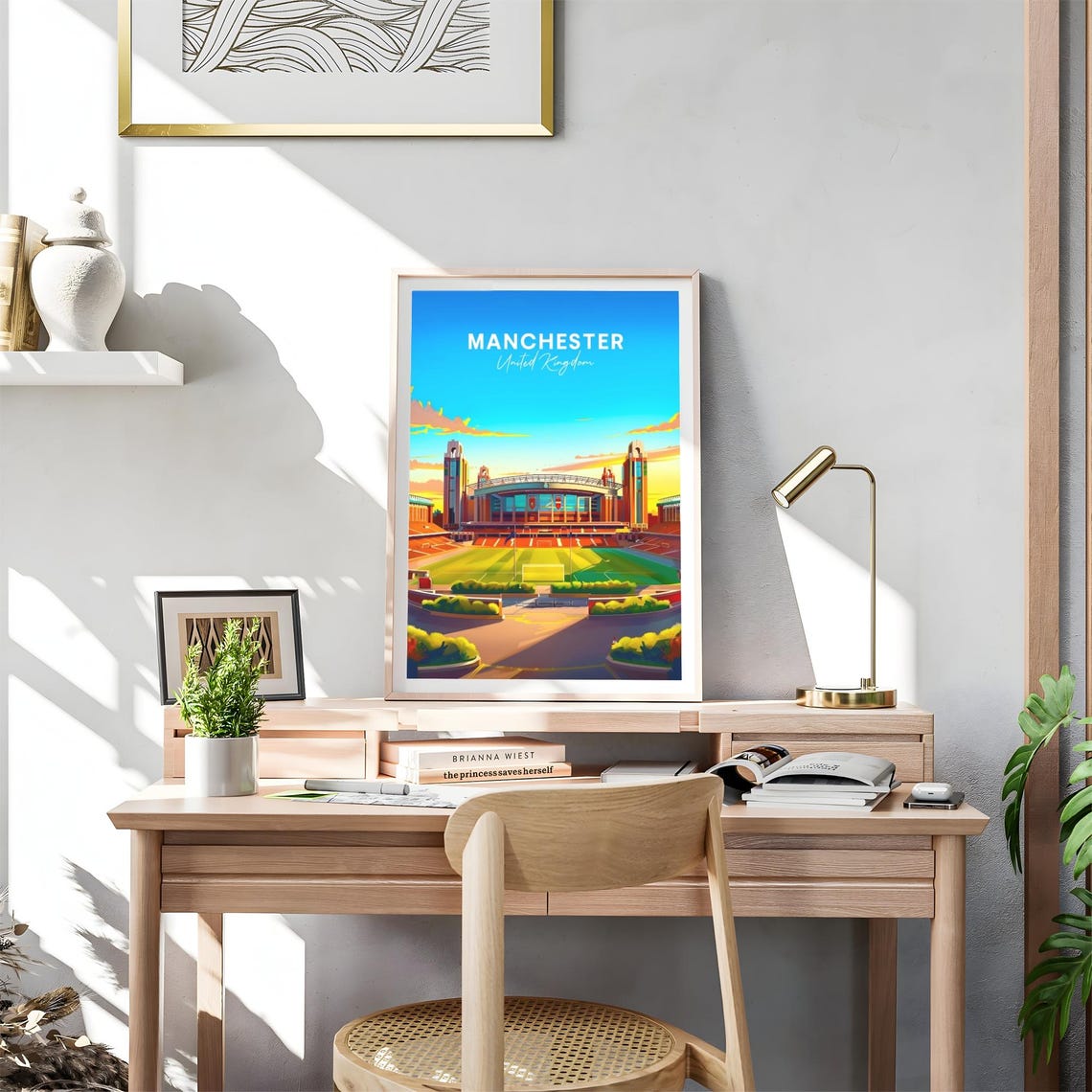 Manchester England Football Stadium Golden Sunset Travel Poster - Image 4