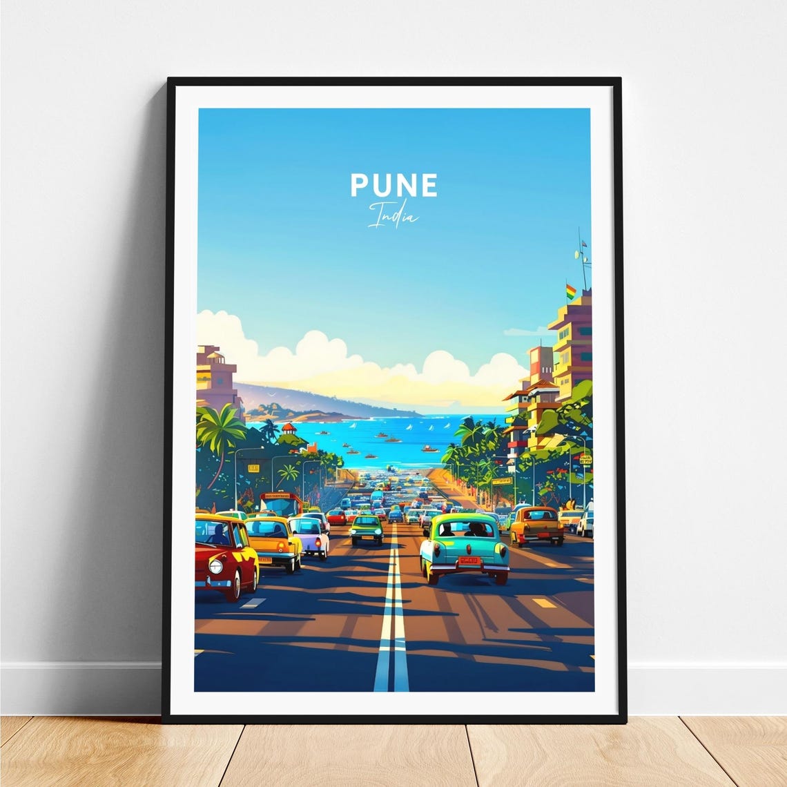 Pune India Beachfront Street with Classic Cars and Ocean Poster
