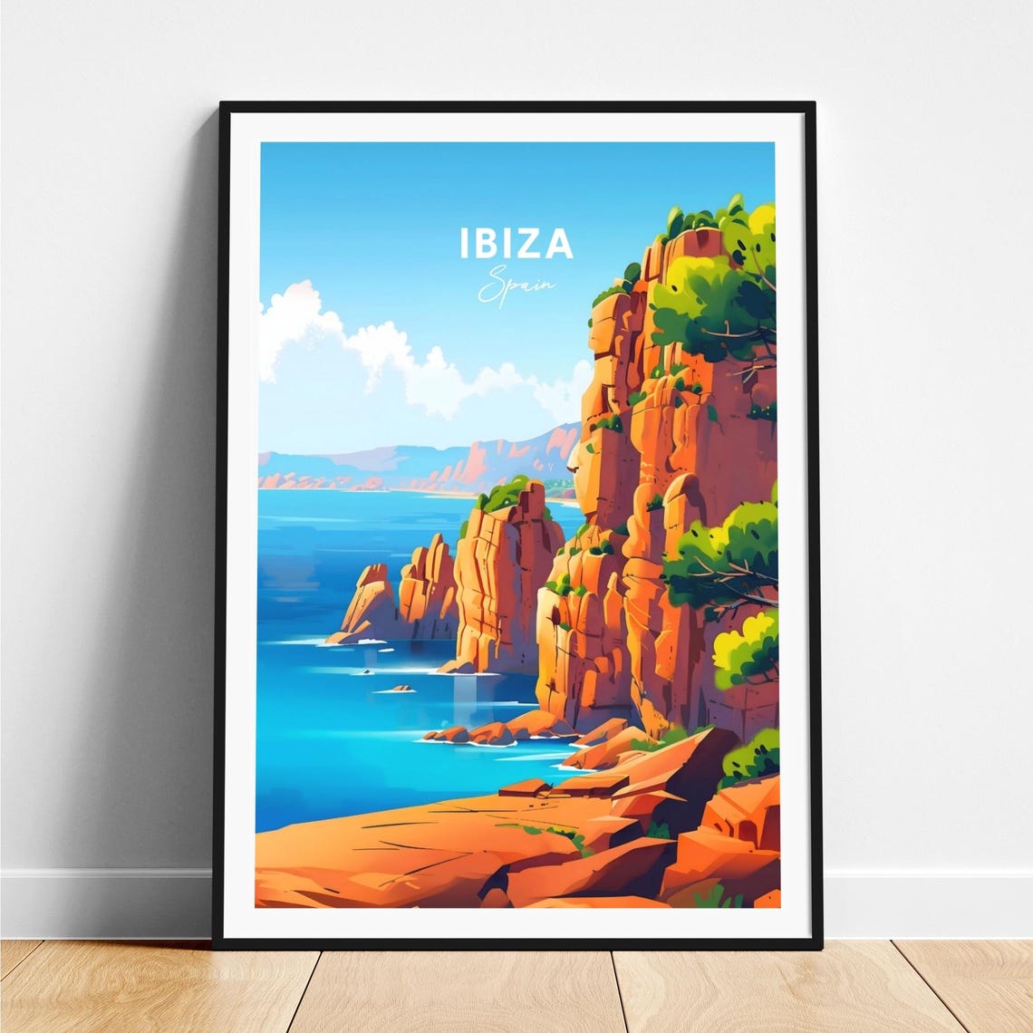 Ibiza Red Rock Cliffs Bright Blue Ocean Waves Seascape Travel Poster