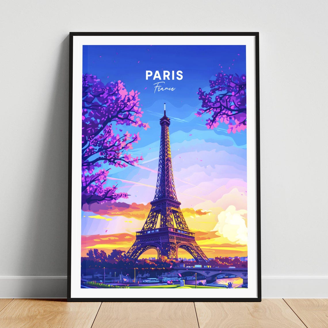 Paris France Eiffel Tower Sunset Cherry Blossoms View Travel Poster