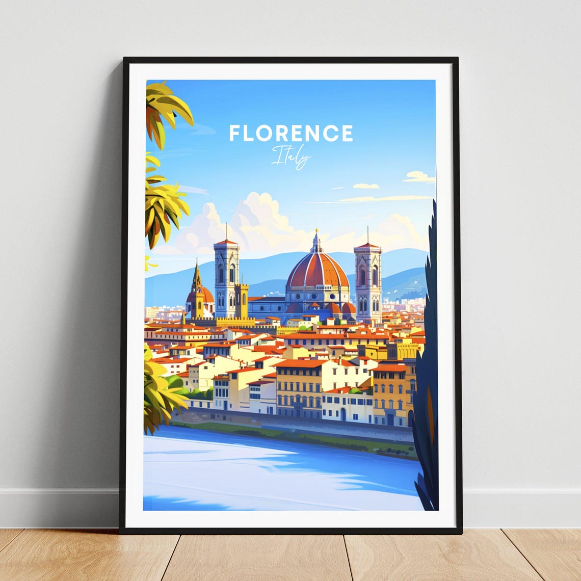 Florence Italy Duomo Dome and Bell Tower River View Travel Poster