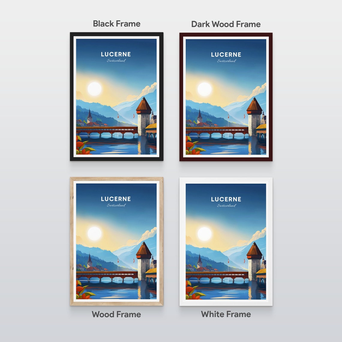 Lucerne Switzerland Chapel Bridge Sunrise Lake Travel Art Poster - Image 2
