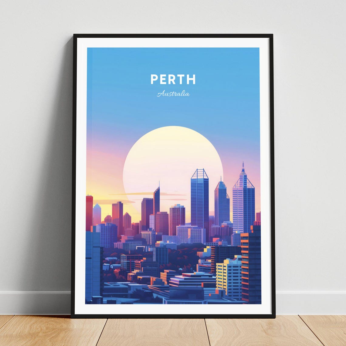 Perth Australia City Skyline at Sunrise with Giant Sun Poster