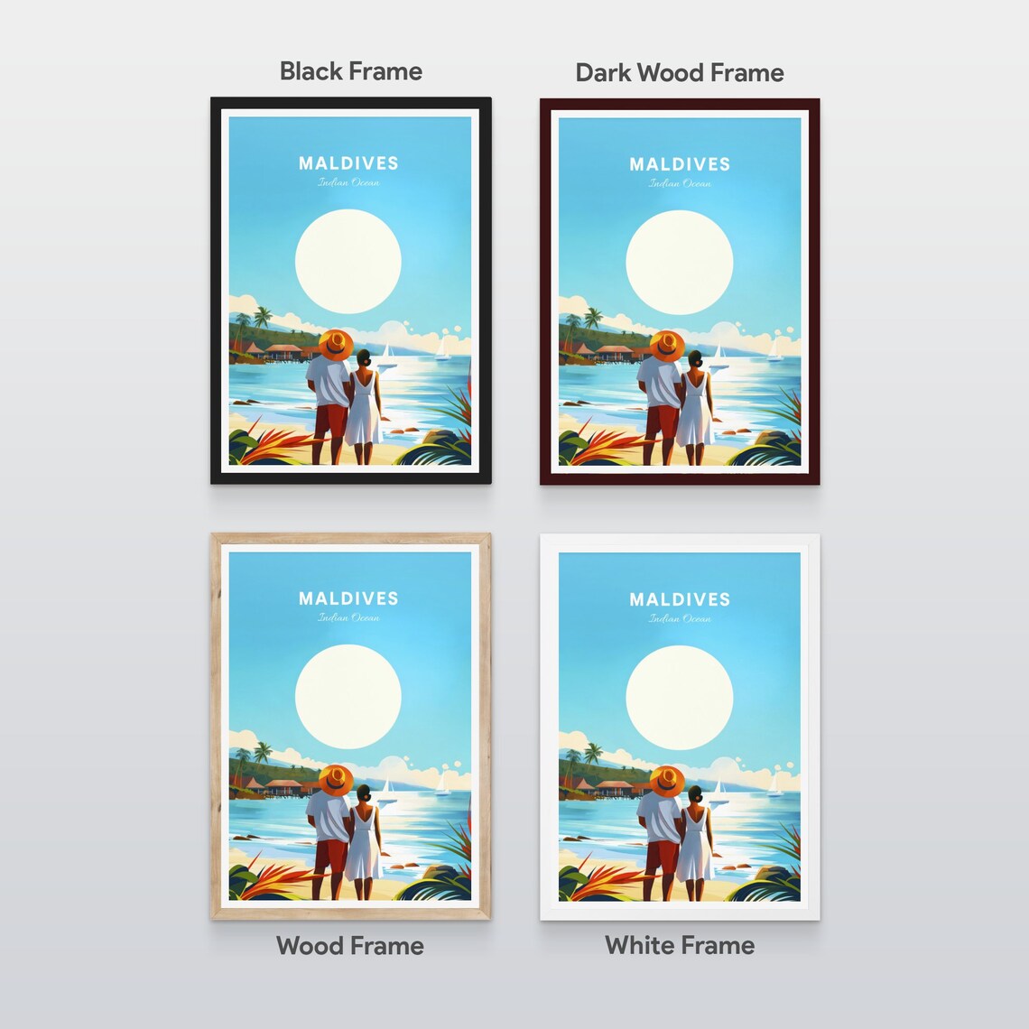 Maldives Beach Couple Romantic Sunset Sailboats Vintage Travel Poster - Image 2