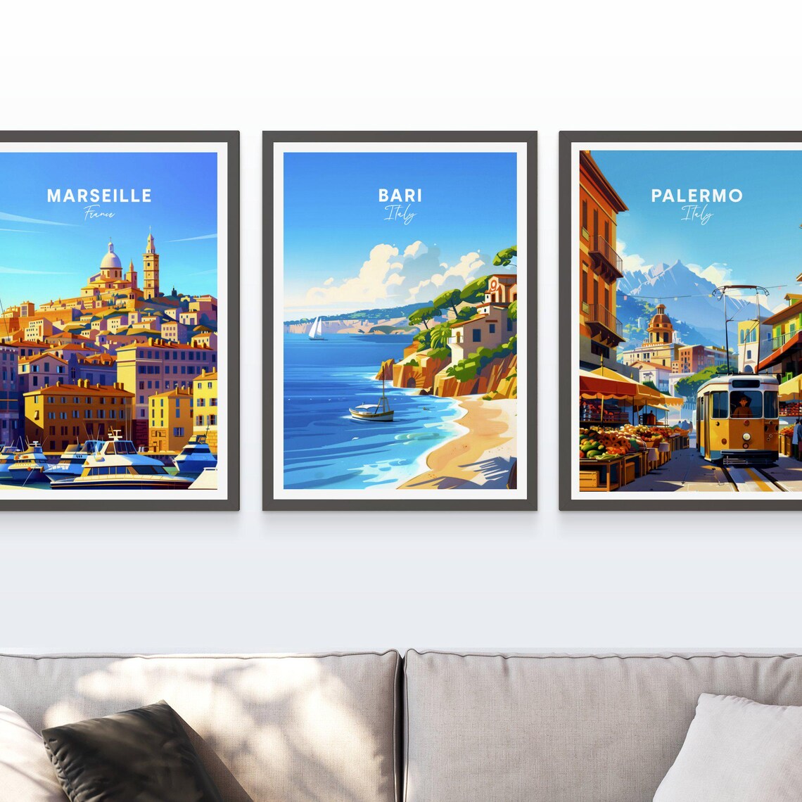 Bari Italy Seaside Cliffs Villa Beach Boats Coastal View Travel Poster - Image 3
